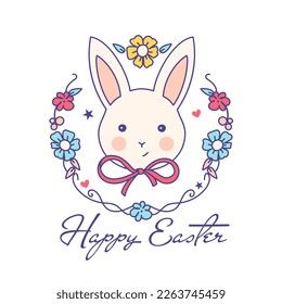 Happy Easter day card, vector illustration of a cute baby bunny with wreath, spring bouquet of flowers. Adorable print, card, sticker.