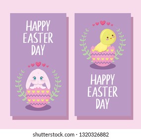 happy easter day cards with cute rabbit and chicken