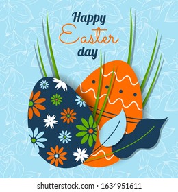 Happy Easter day. Cartoon eggs and text. Floral pattern in the background. Beautiful vector illustration in origami style. Paper cut shapes. Design for cards, brochures, banners. Stock.