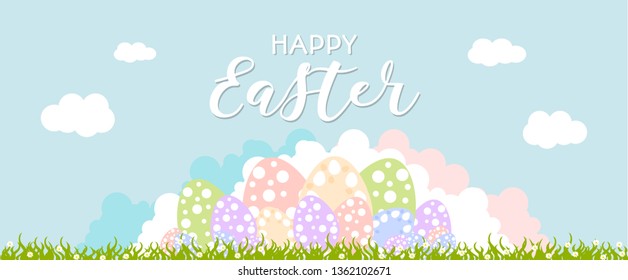 Happy easter day. Celebration. banner for Easter day with a blue background, green grass  and colored eggs