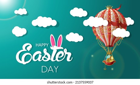 Happy Easter day celebration concept and air balloons flying eggs Easter day. banner, poster and template design vector illustration