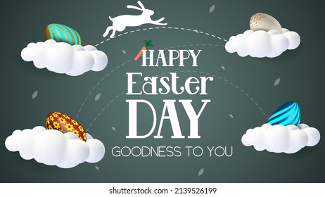 Happy Easter day celebration concept. there are eggs on the clouds and rabbit jump on the next egg, web banner, poster and template design vector illustration.