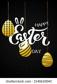 Feliz Día de Pascua concepto de tres huevos diseño dorado. ilustración vectorial de diseño de banner, afiche y plantilla. fondo para negro. 