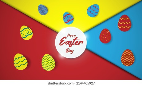 Happy Easter day celebration concept yellow, red and blue color eggs and background. Web banner, poster, advertisement and template vector illustration design.