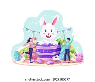 Happy Easter Day Celebration With A Couple Welcoming Cute Rabbit Coming Coming Out Of Egg. Easter Vector Illustration