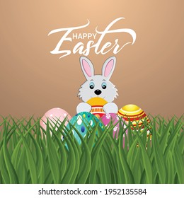 Happy easter day celebration greeting card with creative green grass with easter bunny