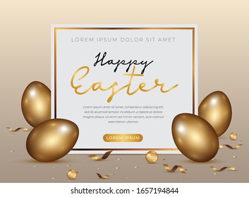 Feliz fiesta de celebración del Día de Pascua. Huevo dorado en 3D con un brillo real decorado como confeti para carteles, tarjetas de felicitación, publicidad en medios sociales. Sobre fondo de lujo abstracto
