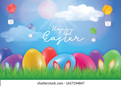 Happy Easter day celebration party. 3D egg with grass and sun with happy easter text in the spring season on a background. for banner, greeting card, social media advertising

