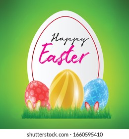 Happy Easter day celebration party. 3D egg with grass and happy easter text in the spring season on a background. for banner, greeting card, social media advertising
