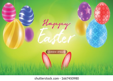 Happy Easter day celebration party. 3D egg with grass and sun with happy easter text in the spring season on a background. for banner, greeting card, social media advertising

