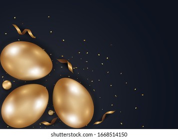 Happy Easter day celebration party. 3D golden egg with realistic golden shine decorated confetti for banner, greeting card, social media advertise. On background abstract
