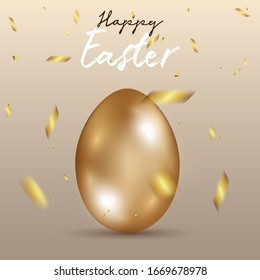 Happy Easter day celebration party. 3D golden egg with realistic golden shine decorated confetti for banner, greeting card, social media advertise. On background abstract
