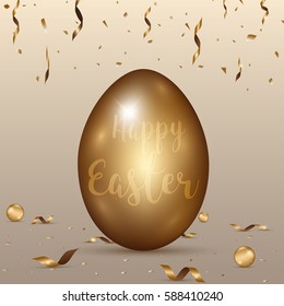 Happy Easter day celebration party. 3D golden egg with realistic golden shine decorated confetti for banner, greeting card, social media advertise. On luxury background abstract
