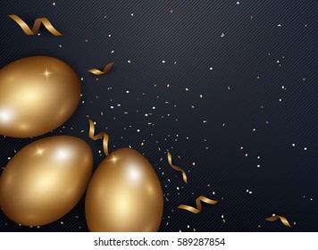 Happy Easter day celebration party. 3D golden egg with realistic golden shine decorated confetti for banner, greeting card, social media advertise. On luxury  background abstract
