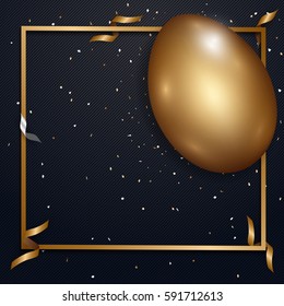 Happy Easter day celebration party. 3D golden egg with realistic golden shine decorated confetti for banner, greeting card, social media advertise. On luxury  background abstract
