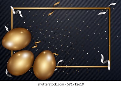 Happy Easter day celebration party. 3D golden egg with realistic golden shine decorated confetti for banner, greeting card, social media advertise. On luxury  background abstract
