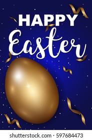 Happy Easter day celebration party. 3D golden egg with realistic golden shine decorated confetti for banner, greeting card, social media advertise. On luxury  background abstract
