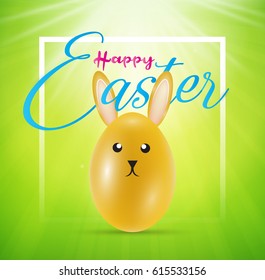 Happy Easter day celebration party. 3D egg with grass and sun with happy easter text in the spring season on a green background. for banner, greeting card, social media advertising