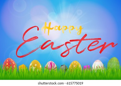 Happy Easter day celebration party. 3D egg with grass and sun with happy easter text in the spring season on a  background. for banner, greeting card, social media advertising
illustration