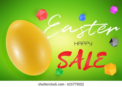 Happy Easter day celebration party. 3D egg with grass and sun with happy easter text in the spring season on a green background. for banner, greeting card, social media advertising
