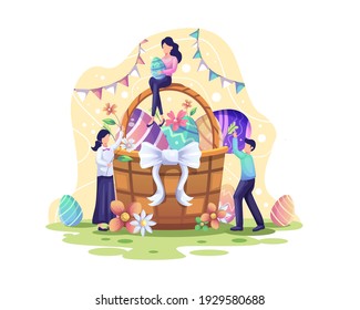 Happy Easter day celebration. People putting eggs and flowers into the basket for easter day. Vector illustration