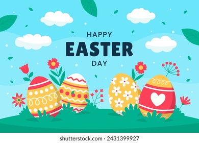 Happy Easter Day Celebration Wallpaper Background or Border Template with Eggs Illustration