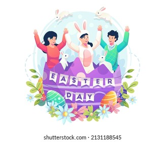 Happy Easter day celebration with young people and bunnies together coming out from inside decorated Easter eggshell. Flat style vector illustration