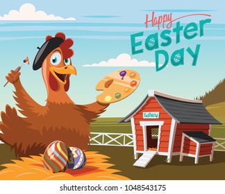 Happy Easter Day, chicken artist with decorated eggs