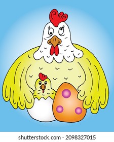 Happy Easter Day. Chicken with decorated egg. Flat vector illustration.