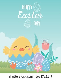 happy easter day, chicken eggshell with flowers eggs in grass vector illustration