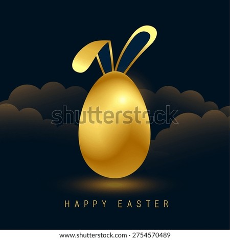 happy easter day cloudy dark background with golden egg and bunny ears vector