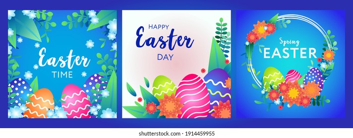Happy Easter Day. Collection of banners or greeting cards. Vector illustration with eggs, plants and flowers