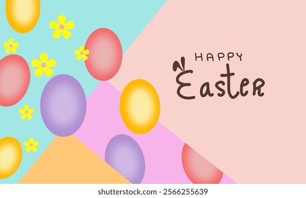 Happy Easter day with colorful background design, Easter eggs and yellow flowers,Happy Easter day celebration design