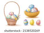 Happy Easter Day colorful egg in basket and nest isolated on white background.
