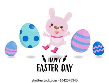 Happy Easter Day with colorful egg and cute rabbit. Easter banner. Easter egg on white background.