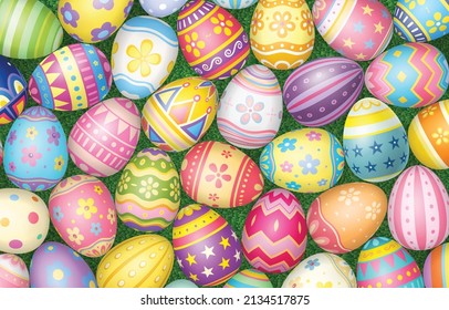 Happy Easter Day colorful egg on grass background top view.
