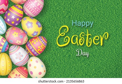 Happy Easter Day colorful egg on grass background top view with copy space.