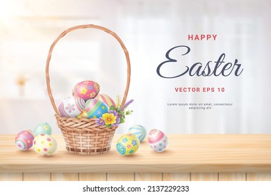 Happy Easter Day colorful egg in basket on Wood table floor and Blurred background atmosphere front room light shining through the curtain in home.