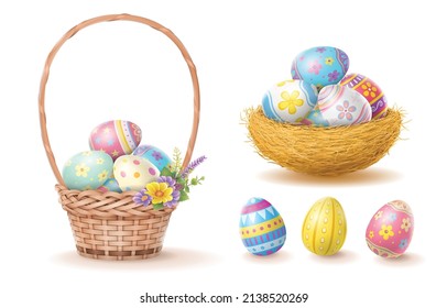 Happy Easter Day colorful egg in basket and nest isolated on white background.