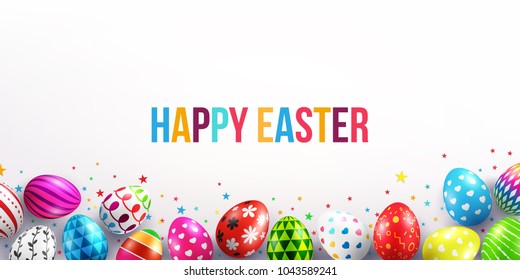 Happy Easter Day with Colorful Painted Easter Eggs and space for your text on White Background.Vector illustration EPS10
