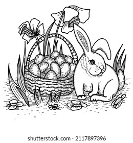 página de colorear Feliz Día de Pascua. Ilustración vectorial de un lindo pequeño banny cerca de la canasta con huevos de Pascua en un prado de primavera florida. 