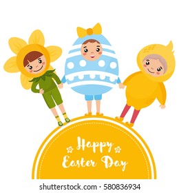 Happy Easter Day concept with a cute kids. Round frame with baby character. Boys and girls in bright easter costumes. Place for your text.