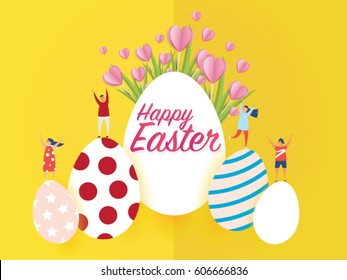 Happy Easter day concept on yellow abstract background with pink flower design for happy easter card.Vector illustration.