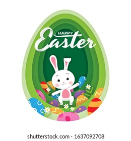Happy Easter day concept, Paper art and digital craft style of the cute rabbit, flowers and eggs that are inside the green egg shape, Vector illustration
