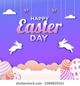 Happy Easter day concept with paper cut clouds, rabbit, eggs. Suitable for greeting card and banner.