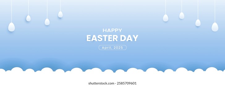 Happy Easter day concept with paper cut clouds, rabbit, eggs. Suitable for greeting card and banner.