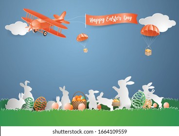 Happy Easter day concept with Plane on the sky and eggs in basket tied with white rope parachute and rabbit surrounded basket on grass in spring season.vector style modern paper craft