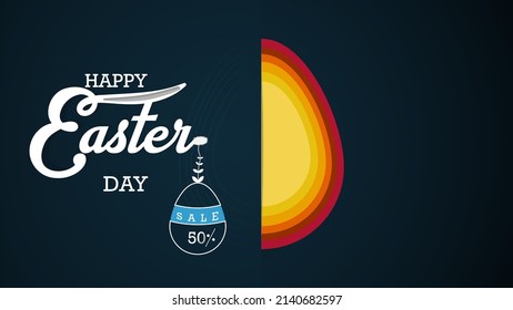 Feliz Día de Pascua, Concept Sale Festividades. Huevo de Pascua siete colores diferentes de textura.  Banner web, afiche, publicidad y diseño de patrones vectoriales fondo para azul.