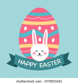 Happy Easter Day concept vector illustration. Cute rabbit inside decorative egg in flat design.