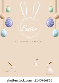 Happy Easter Day Creative Concept with Hanging Painted Eggs and Cute Bunny in Hole Vector Illustration. Easter Egg Hunt Event Party Template